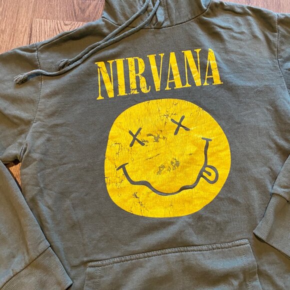 Green Nirvana Smiley Face Hoodie - Size Small Grunge Rock Band Pullover - Picture 3 of 5